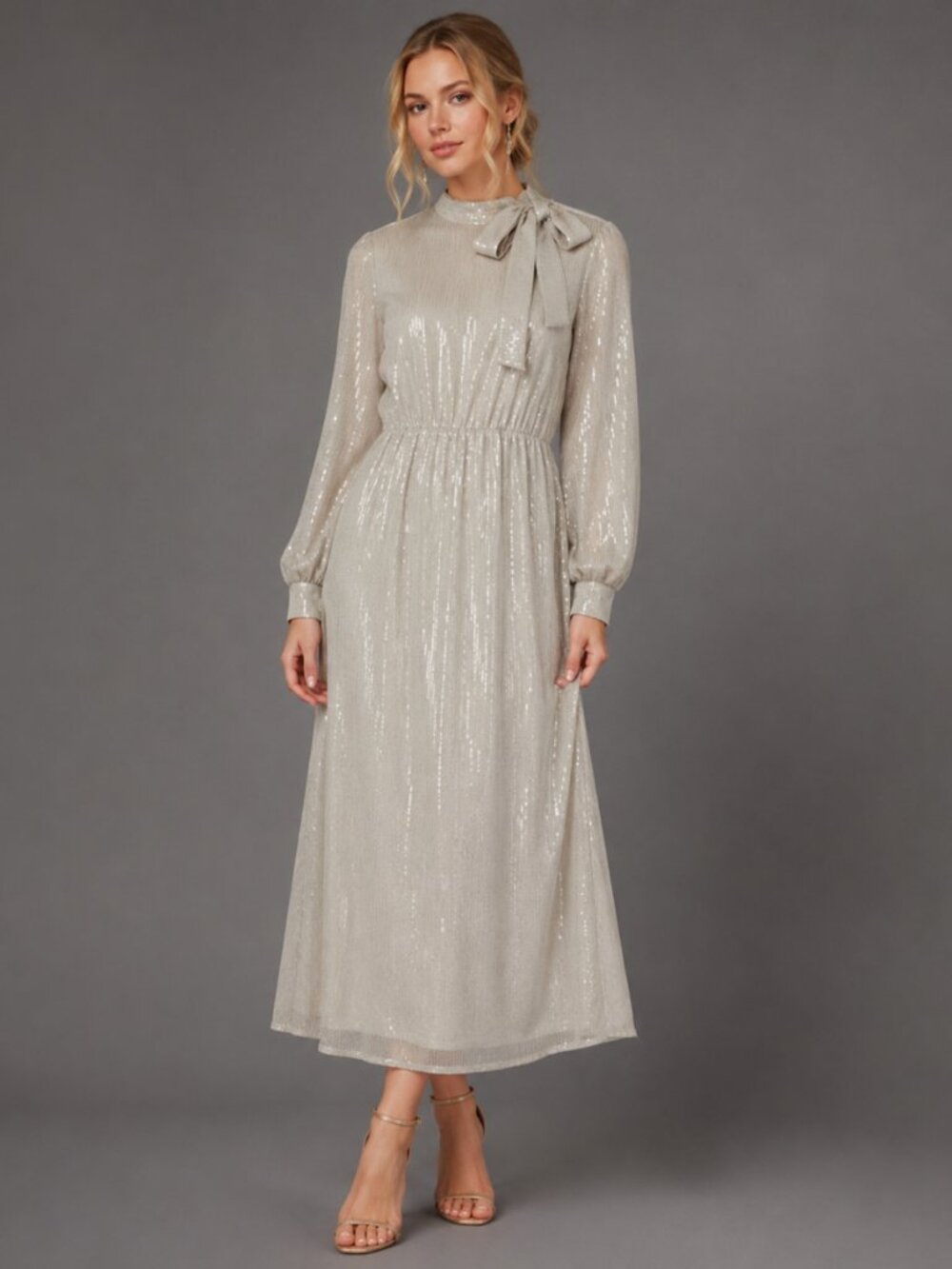 Elegant Champagne Sequin Maxi Dress Long Sleeve Premium Style